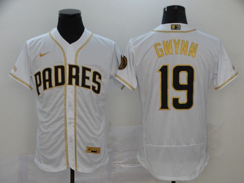 Men San Diego Padres #19 Gwynn White Retro gold character Nike Elite MLB Jerseys->san diego padres->MLB Jersey